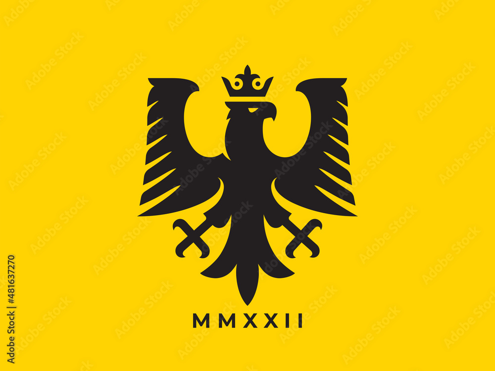 Heraldic eagle icon. Falcon with crown heraldry logo design. Insignia