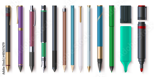Realistic office writing supplies, pencils, pens and markers. Highlighter, graphite pencil with eraser. School stationery tools vector set