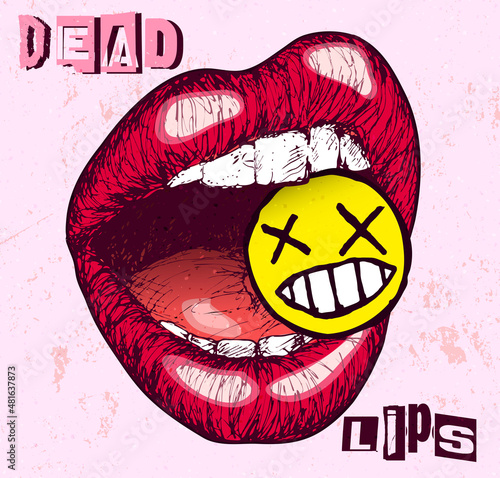 Dead Lips. Hand drawn punk red lips mouth biting a funny dead emoticon face vector illustration isolated on pink background.