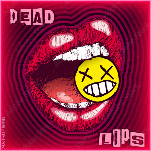 Hand drawn punk red lips mouth biting a funny dead emoticon face vector illustration isolated on red gradient ring ripple colored background.