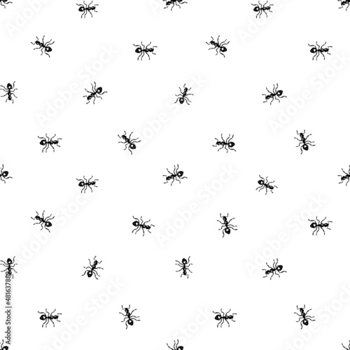 Ant Vector Seamless Pattern. Black little ants on a white isolated background. Monochromic background. Cute hand drawn seamless pattern with Insects, pest. Vector illustration.