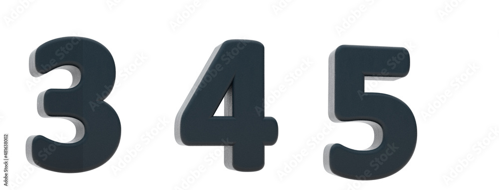 Black rubber. Numbers 3, 4, 5 . Alphabet 3d render. Isolated in white background. Path save. Black rubber. Numbers 3, 4, 5 . Alphabet 3d render. Isolated in white background. Path save.
