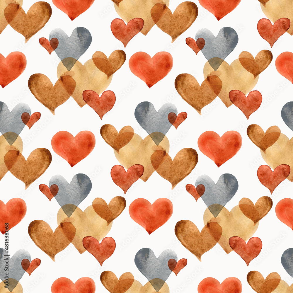 Seamless pattern of watercolor scarlet and black hearts. A symbol of love, watercolor hearts isolated on a white background.