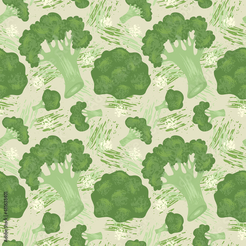 Vector seamless pattern with broccoli and brush texture. Illustration for fabric, textile, paper, background.