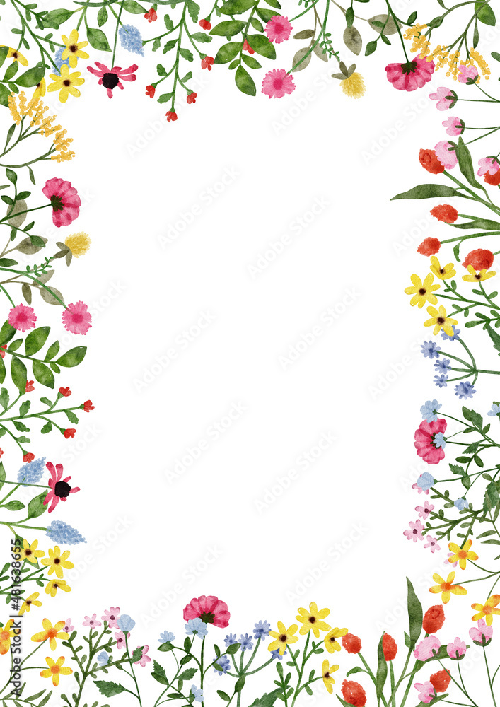 Watercolor wildflower border. Botanical spring summer flowers frame. Garden floral greenery wild flowers for wedding invitation. Nature wild herbs design card template illustrations