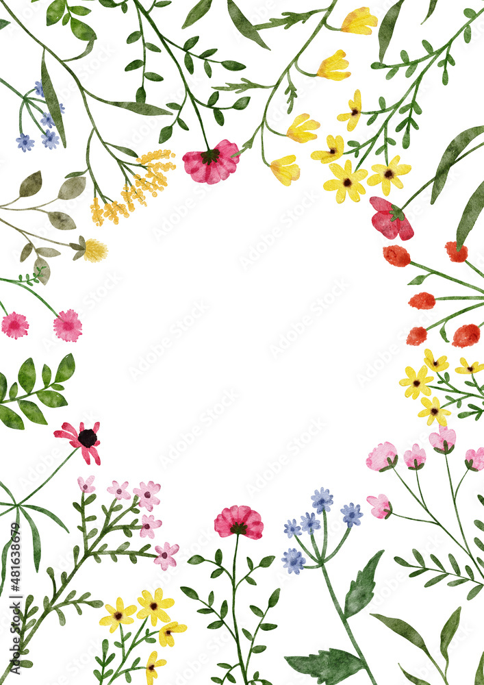 Watercolor wildflower border. Botanical spring summer flowers frame ...