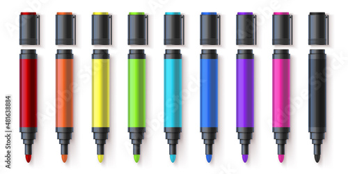 Realistic colorful permanent markers, drawing pen palette. Stationery highlighters. Children and artist painting tools colors 3d vector set