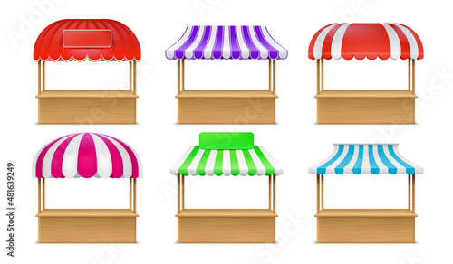 Realistic empty wood market booth with striped awning. Wooden street fair stall. Grocery, fruit or bakery kiosk with canopy roof vector set