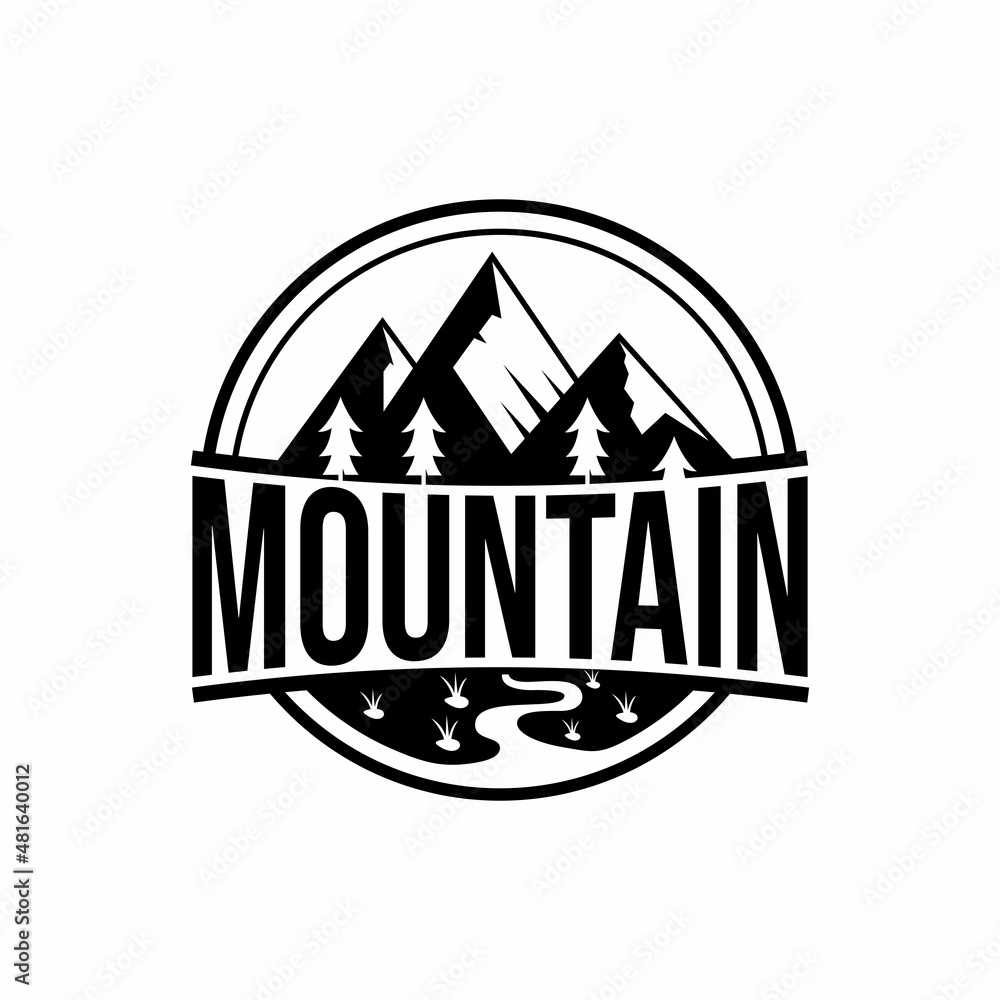 Black Mountain with pine trees and river for travel adventure company logo, vector illustration