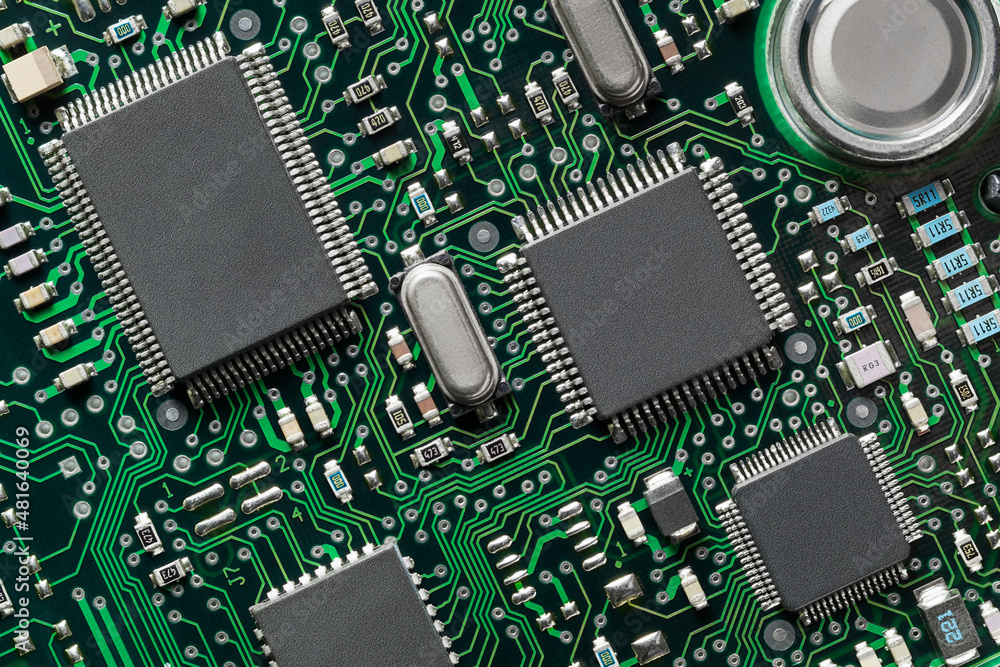 Printed circuit board, chips and many electronic components. High technology background. Close up of PCB. Top view. Printed circuit board, chips and many electronic components. High technology background. Close up of PCB. Top view.