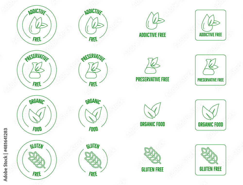 addictive free, preservative-free, gluten-free, organic food icon set vector illustration addictive free, preservative-free, gluten-free, organic food icon set vector illustration