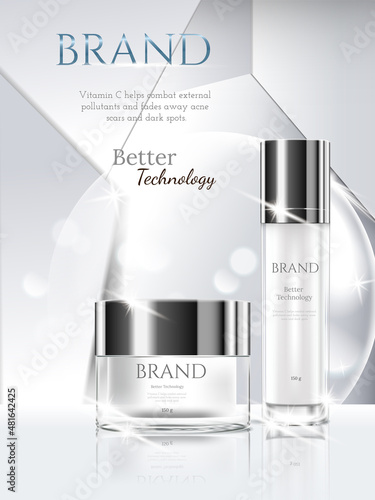 Skin care facial serum for annual sale or festival sale. white and silver skin care bottle isolated on glitter particles background. Graceful cosmetic ads, illustration.