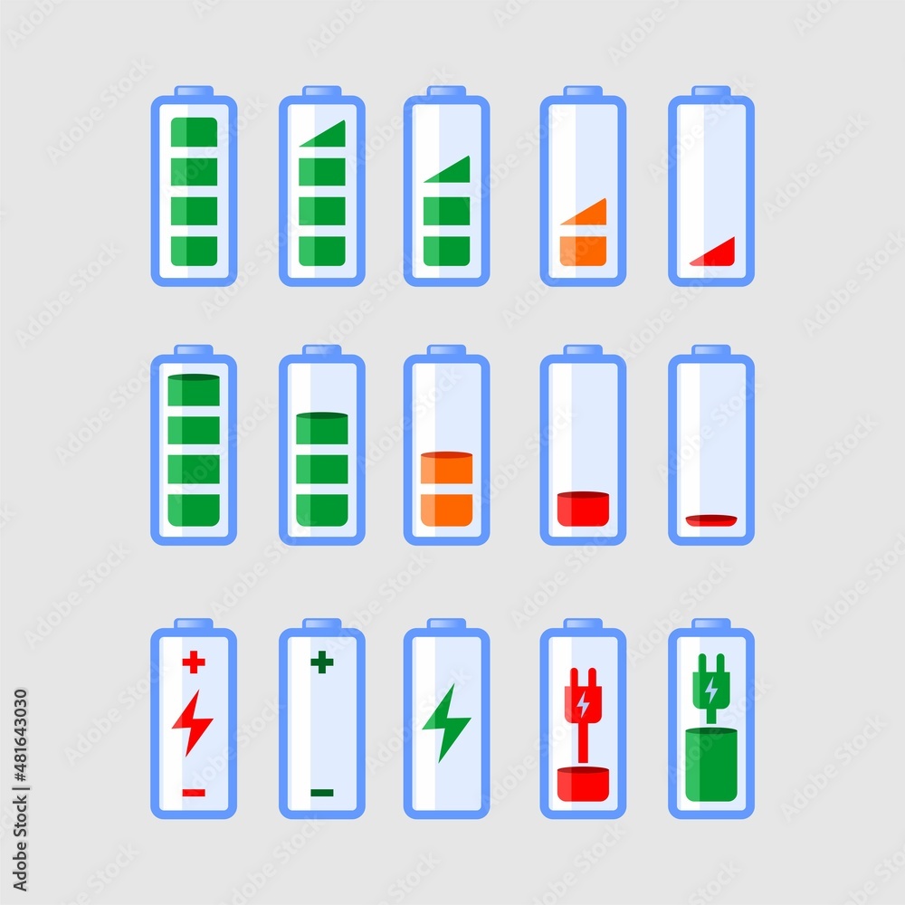 Battery icon set .Set of battery charge level indicators Battery icon set .Set of battery charge level indicators