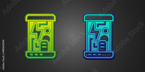 Green and blue Futuristic cryogenic capsules or containers icon isolated on black background. Cryonic technology for humans or cryogenic chamber. Vector