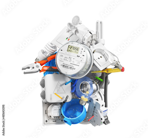 Electric components in form of house on a white background. 3d illustration