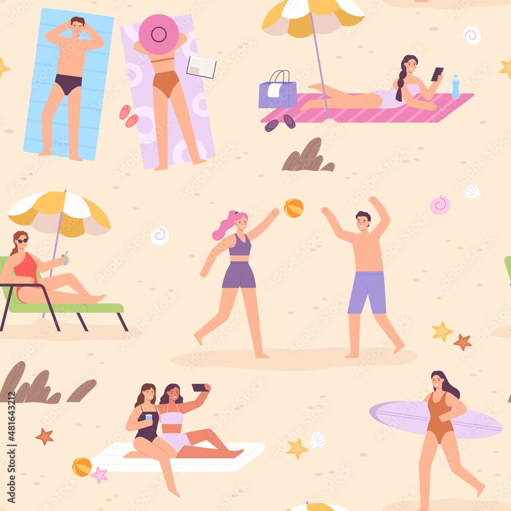 Flat people on summer vacation at beach seamless pattern. Women surfer, relax on a sun lounger, sunbathe, playing and do selfie vector print