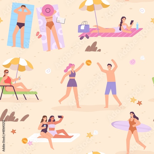 Flat people on summer vacation at beach seamless pattern. Women surfer, relax on a sun lounger, sunbathe, playing and do selfie vector print