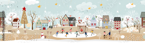 Seamless pattern Winter landscape in village at night in countryside background,Vector banner winter wonderland with house and forest pine tree,Backdrop for Celebrating Christmas and New Year 2023
