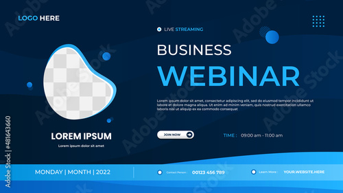 Business webinar website banner template with liquid frame and blue background