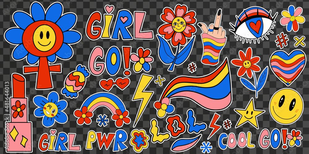 Girl power set of modern stickers, patches, badges. Feminism. Female power and solidarity, women's collection of retro 70s hippie style elements. GRL PWR hand lettering. Vector illustration Girl power set of modern stickers, patches, badges. Feminism. Female power and solidarity, women's collection of retro 70s hippie style elements. GRL PWR hand lettering. Vector illustration