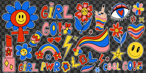 Girl power set of modern stickers  patches  badges. Feminism. Female power and solidarity  women s collection of retro 70s hippie style elements. GRL PWR hand lettering. Vector illustration