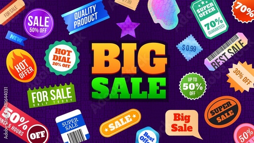 Trendy shop sale poster with special offer discount 90s stickers. Promotion banner with hologram percent labels. Market vector advertising