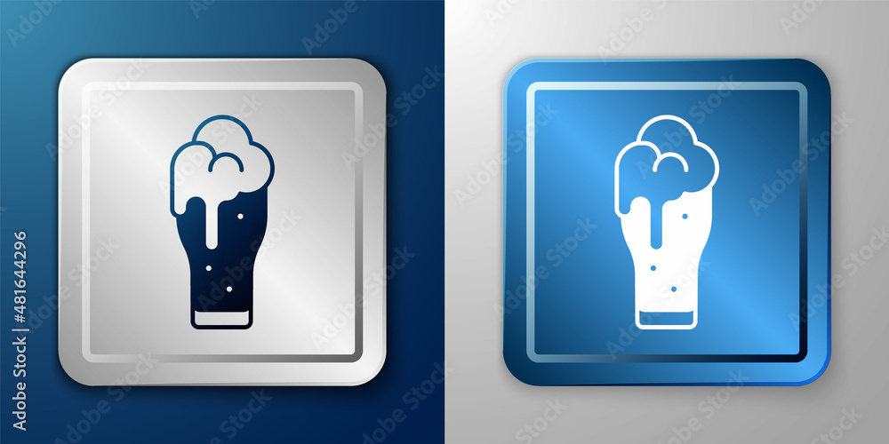 White Glass of beer icon isolated on blue and grey background. Silver and blue square button. Vector White Glass of beer icon isolated on blue and grey background. Silver and blue square button. Vector