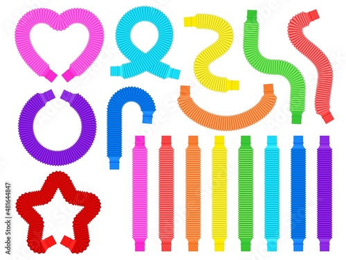 Cartoon pop tubes, trendy fidget plastic toys for kids. Antistress colorful pop pipes for flexible shapes. Children sensory toy vector set