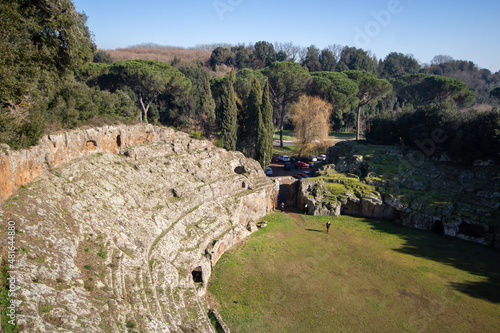 High angle view of An Amphitheatre of Sutri,Italy.It is a rare example of a Roman building completely excavated in the tuff without the aid of supporting walls