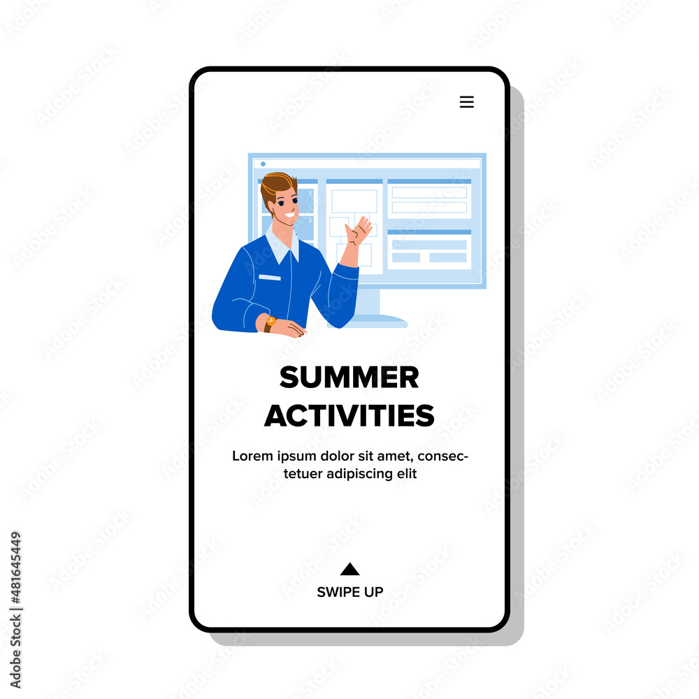 Summer Activities Choosing Boy On Computer Vector. Young Man Searching Summer Activities And Travel For Resting In Internet Online. Character Planning Vacation Web Flat Cartoon Illustration Summer Activities Choosing Boy On Computer Vector. Young Man Searching Summer Activities And Travel For Resting In Internet Online. Character Planning Vacation Web Flat Cartoon Illustration