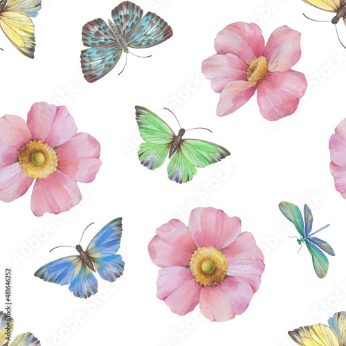 Seamless ornament for wrapping paper  design  print. Delicate flowers and butterflies are painted with watercolors  digitally processed. Botanical pattern on a white background.