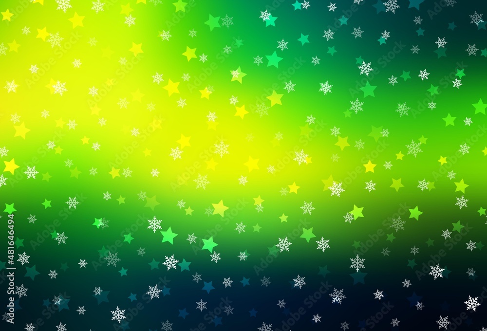Dark Green, Yellow vector texture with colored snowflakes, stars.