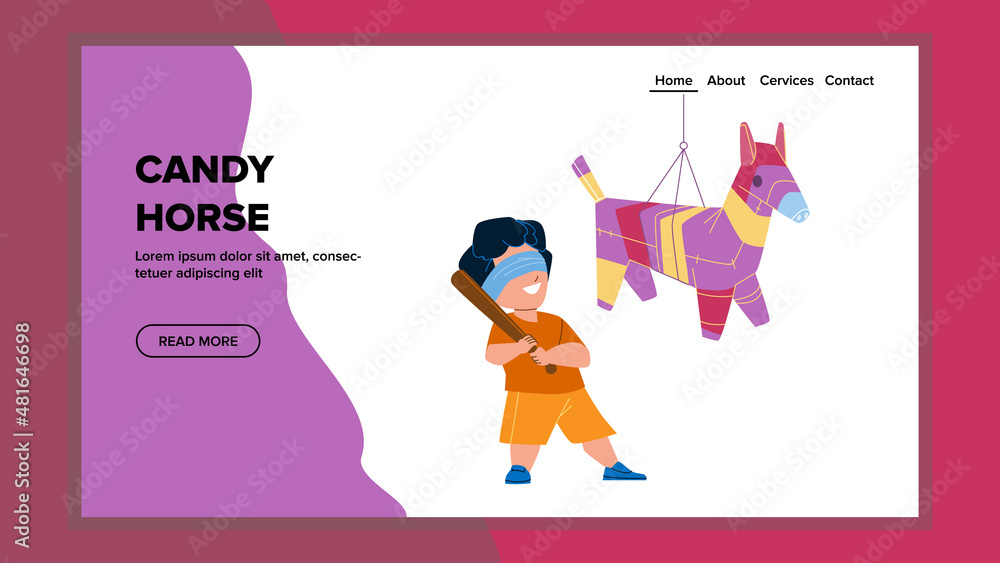 Fototapeta premium Candy Horse Pinata Hitting Boy Kid With Bat Vector. Blindfolded Schoolboy Hit Candy Horse On Mexican Traditional Event. Happy Character Infant On Celebration Party Web Flat Cartoon Illustration