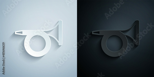 Paper cut Trumpet icon isolated on grey and black background. Musical instrument. Paper art style. Vector