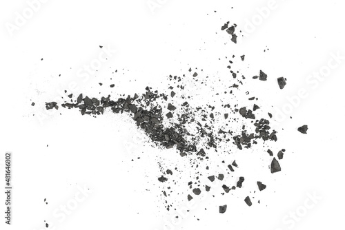 Black coal dust with fragments isolated on white background and texture, top view