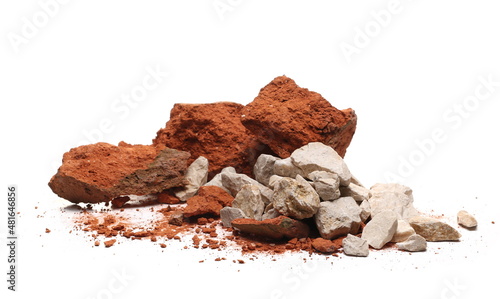 Fotografie, Obraz Pile shattered red bricks pieces and stone isolated on white