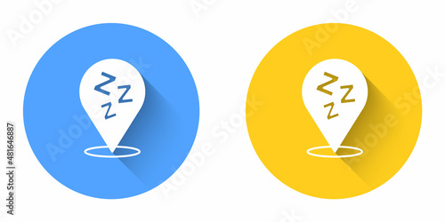 White Sleepy icon isolated with long shadow background. Sleepy zzz talk bubble. Circle button. Vector