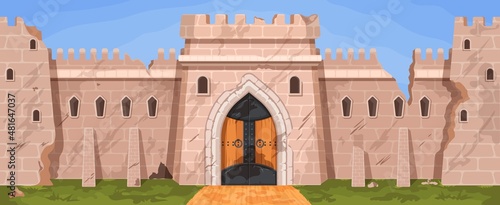 Cartoon broken medieval castle or city wall ruins after war. Abandoned stone block fortress with towers. Ruined kingdom walls vector scene