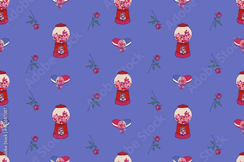 Vector Valentines Day seamless pattern. Bubblegum machine with hearts.  Pills with hearts. Rose flower