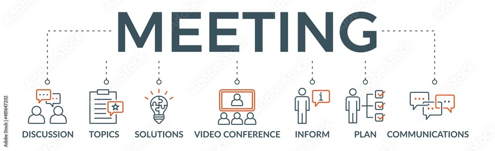Meeting banner web icon vector illustration for business meeting and discussion with communications, topics, solutions, plan, inform and video conference icon - obrazy, fototapety, plakaty 