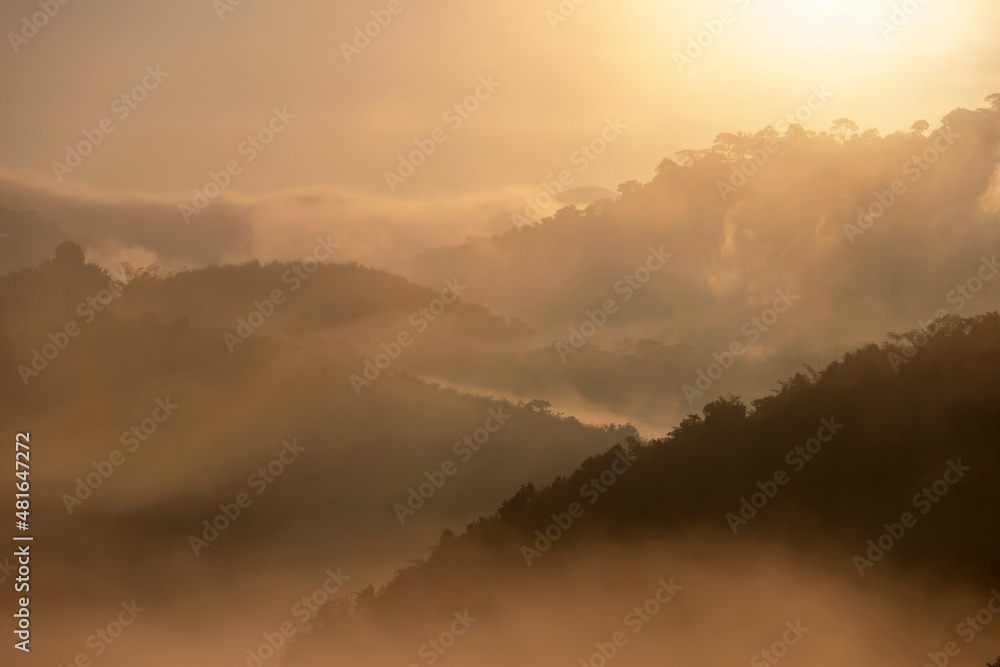 Fog with mountains in morning sunrise. Beautiful nature background.