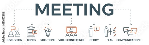 Meeting banner web icon vector illustration for business meeting and discussion with communications, topics, solutions, plan, inform and video conference icon photo