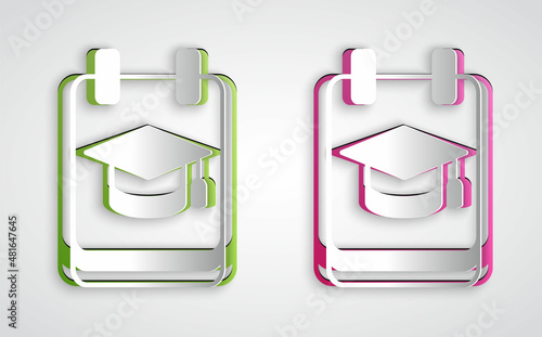 Fototapeta Paper cut Online education and graduation icon isolated on grey background