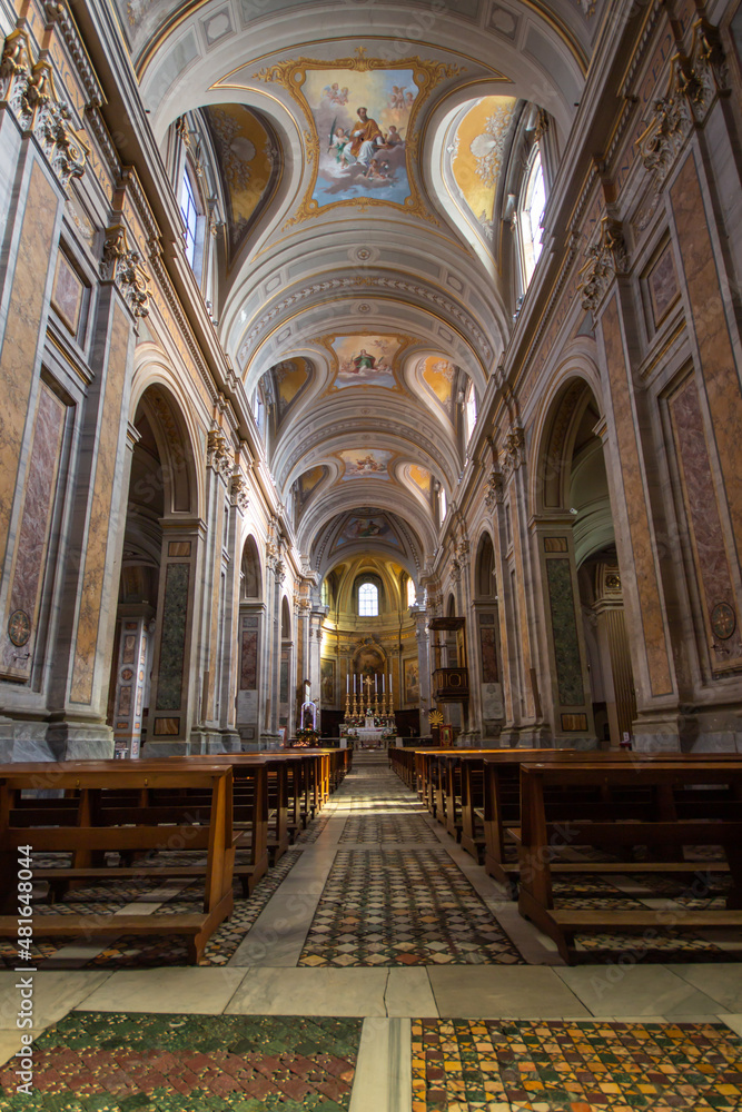 The Cathedral of Santa Maria Assunta (Sutri) . Central nave with Frescoes on the vaulted ceiling chapel, altar and apse. 