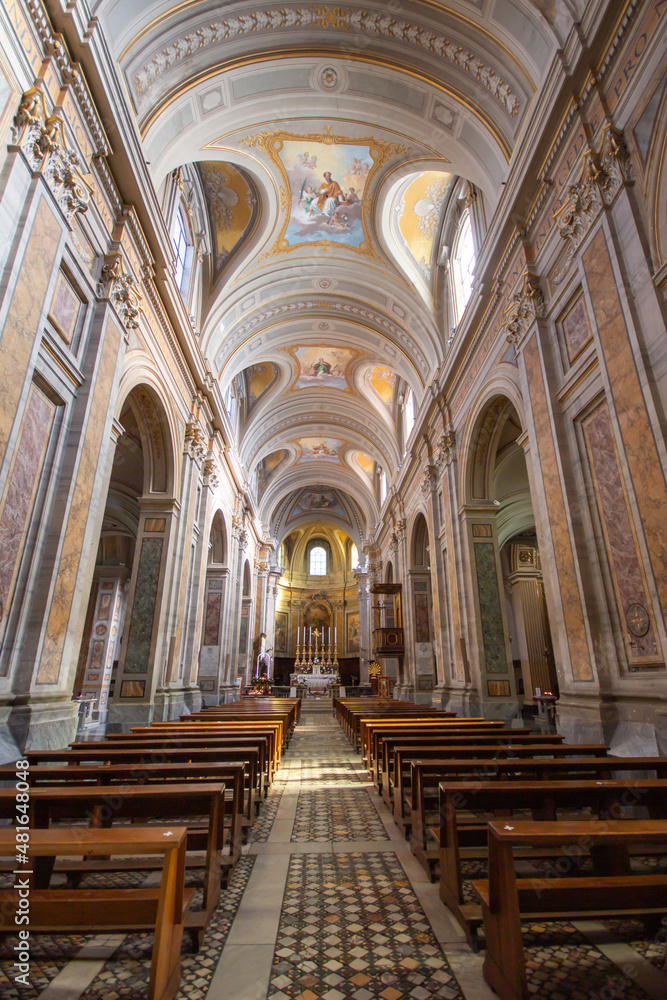 The Cathedral of Santa Maria Assunta (Sutri) . Central nave with Frescoes on the vaulted ceiling chapel, altar and apse. 