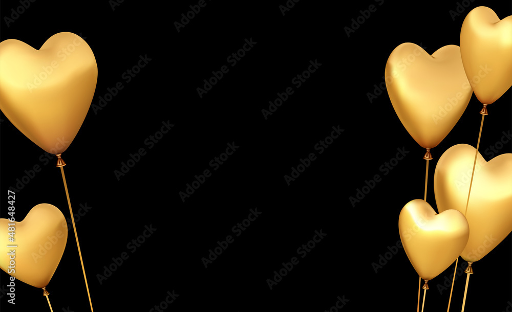 3d golden realistic balloons in heart shape on black background. Stock