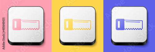 Isometric Hand saw icon isolated on pink, yellow and blue background. Square button. Vector