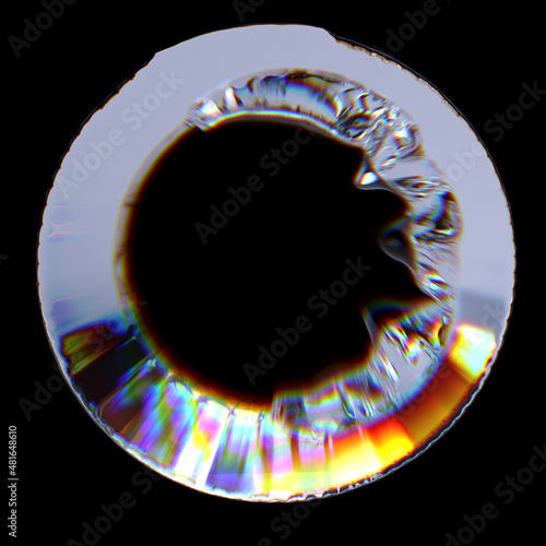 Iris abstract holographic texture isolated on black, 3d rendering glass chromatic circle shape design element for poster photo