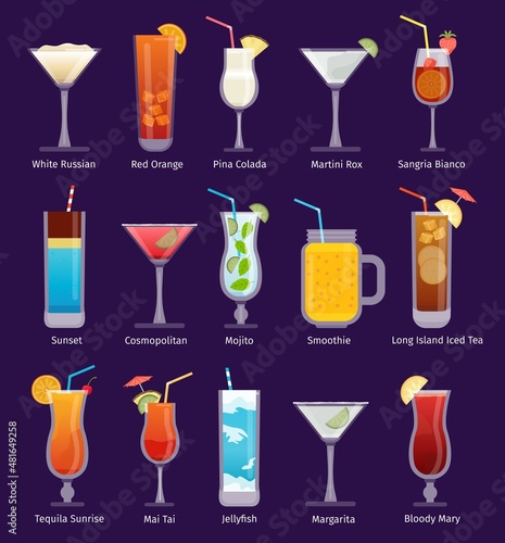 Flat cocktail drinks in glasses, martini, mojito, cosmopolitan and smoothie. Alcoholic tropical beverage for bar menu. Cocktails vector set