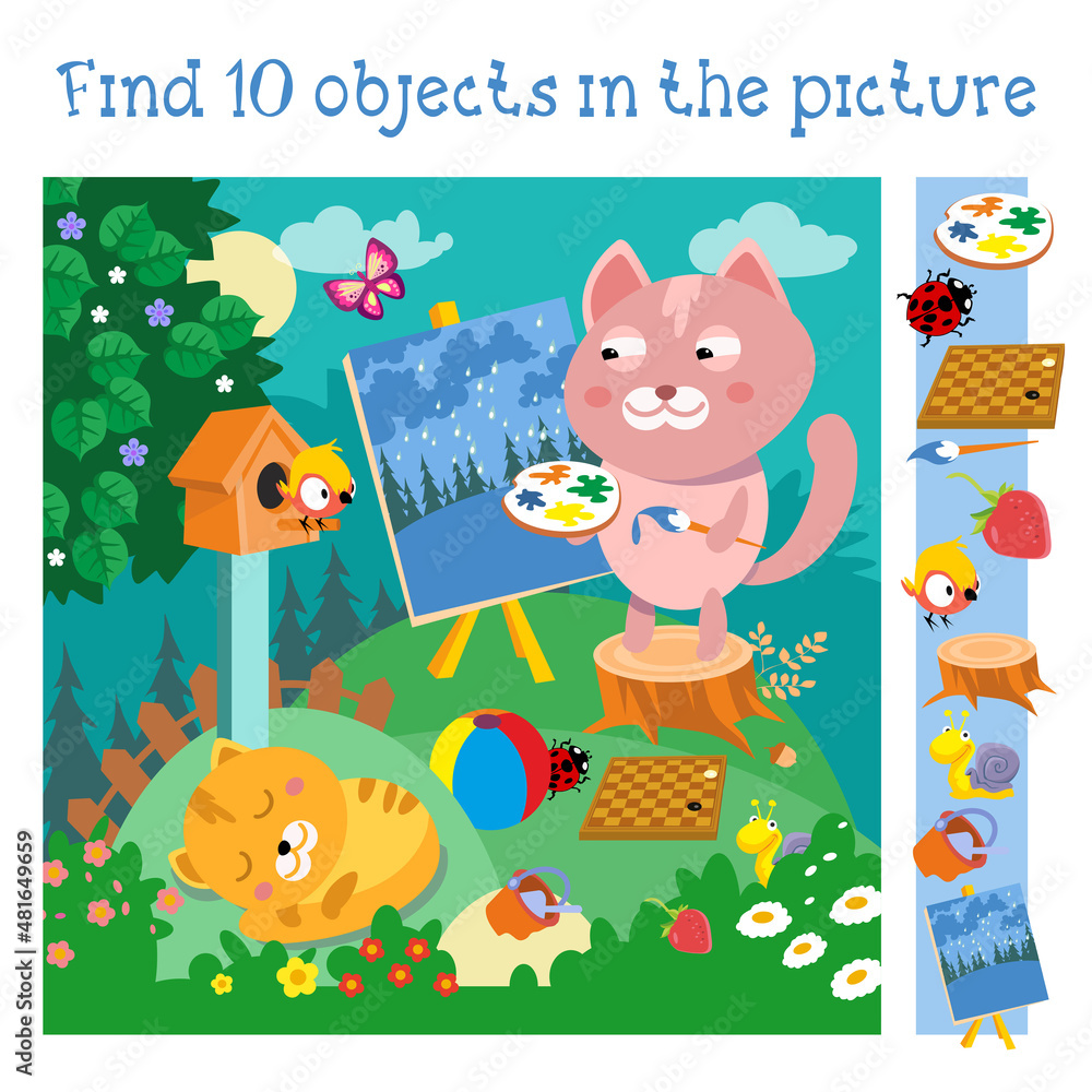 Naklejka premium Kitten artist draws landscape. Character in cartoon style on summer background. Find 10 objects. Game for children. Vector full color illustration.